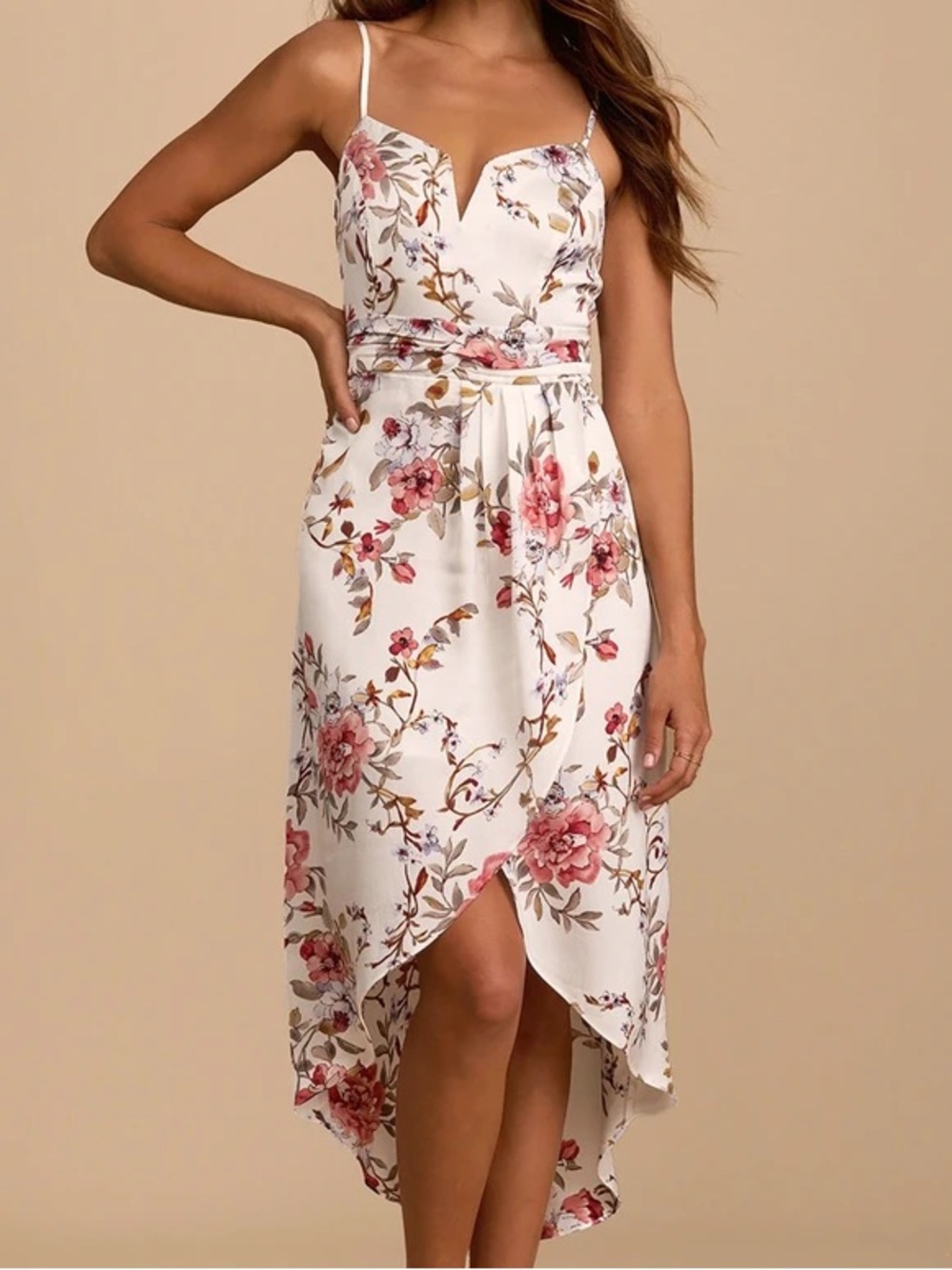 My Favorite Day Ivory Floral Print Tulip Skirt Midi Dress